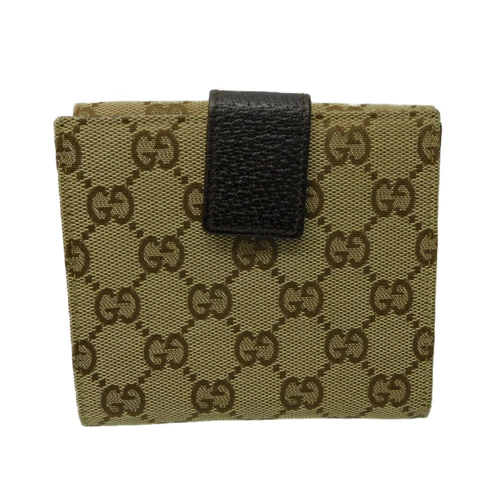 Gucci Bi Compact Beige fold Wallet Leather Brown GG Canvas Tan Brown